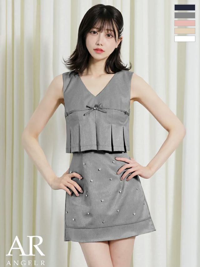 キャバドレス Angel R エンジェルアール プリーツ パール ノースリーブ リボン ビジュー フレアミニドレス