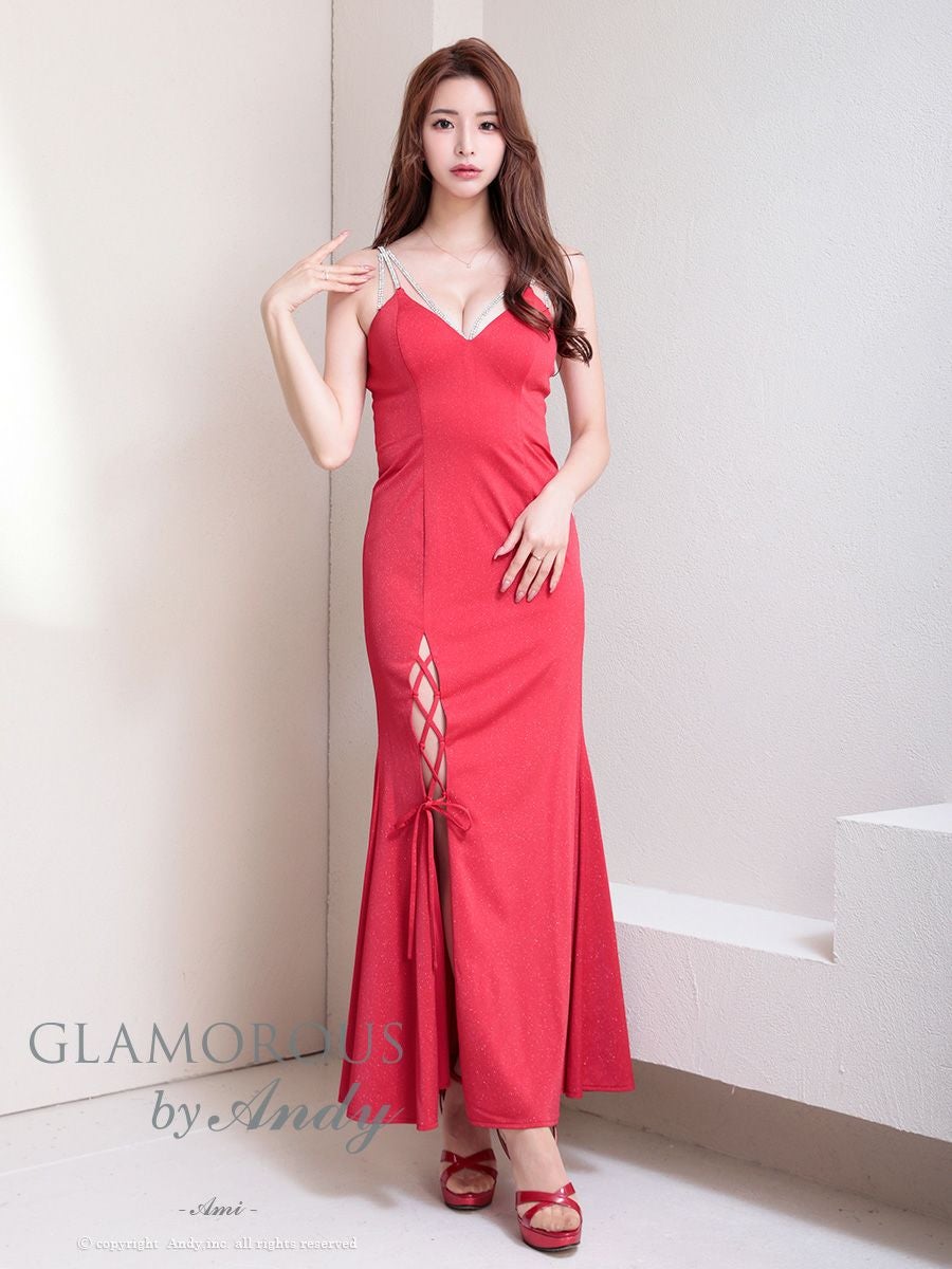 キャバドレス タイトロングドレス GLAMOROUS　グラマラス ラインストーン キャミソール スリット レースアップ リボン ラメ