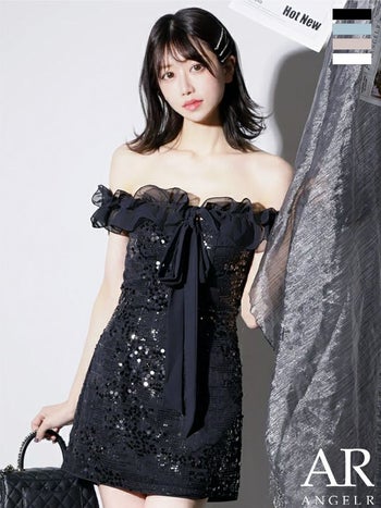 キャバドレス Angel R エンジェルアール ガーリー オープンバスト オフショルダー 2way 肩あき リボン ショルダーチェーン付き スパンコール フリル フレアミニドレス