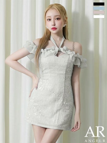 キャバドレス Angel R エンジェルアール オープンバスト オフショルダー 2way 肩あき リボン ショルダーチェーン付き スパンコール フリル ガーリー フレアミニドレス