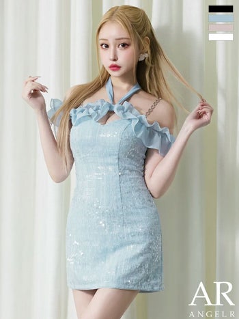 キャバドレス Angel R エンジェルアール 2way 肩あき リボン ショルダーチェーン付き スパンコール フリル ガーリー オープンバスト オフショルダー フレアミニドレス