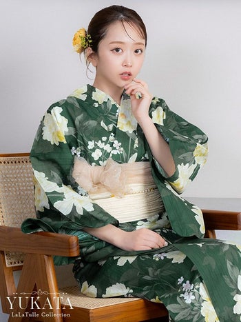 浴衣 レトロ グリーン地 アンティーク調 牡丹柄 クリーム色 ゆかた3点SET