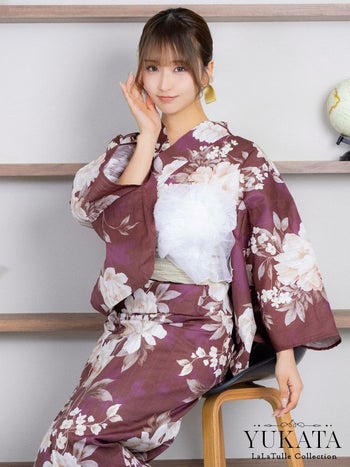 浴衣 レトロ ワイン地 アンティーク調 ニュアンス 牡丹柄 ゆかた3点SET 