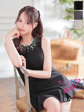 キャバドレス フレアミニドレス an アン ノースリーブ ビジュー プリーツ ワンカラー ウエストマーク