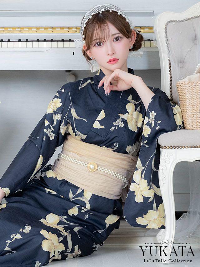 ワンピース浴衣 2way 紺地 百合柄 アンティーク調 3点SET