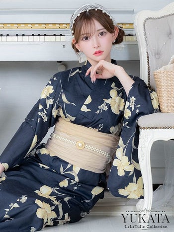 ワンピース浴衣 2way 紺地 百合柄 アンティーク調 3点SET