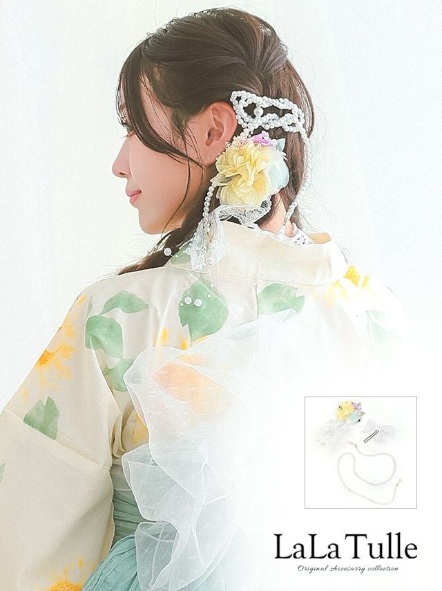 浴衣 髪飾り フラワー レース しだれ パール シフォン素材 ヘアアクセサリー 3点セット