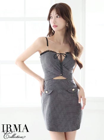 キャバドレス IRMA イルマ ガーリー キャミソール バストリボン ウエストカット フェイクポケット ツイード タイトミニドレス