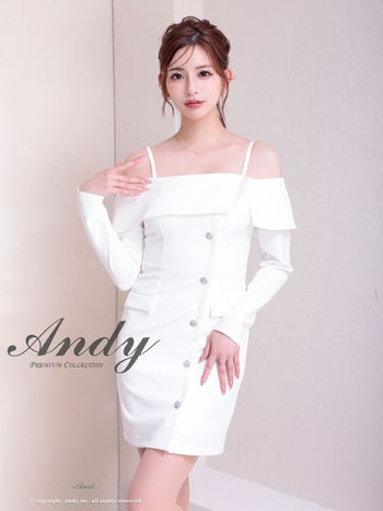 キャバドレス Andy アンディ 肩あき 長袖 飾りポケット ビジューボタン オフショル ワンカラー タイトミニドレス