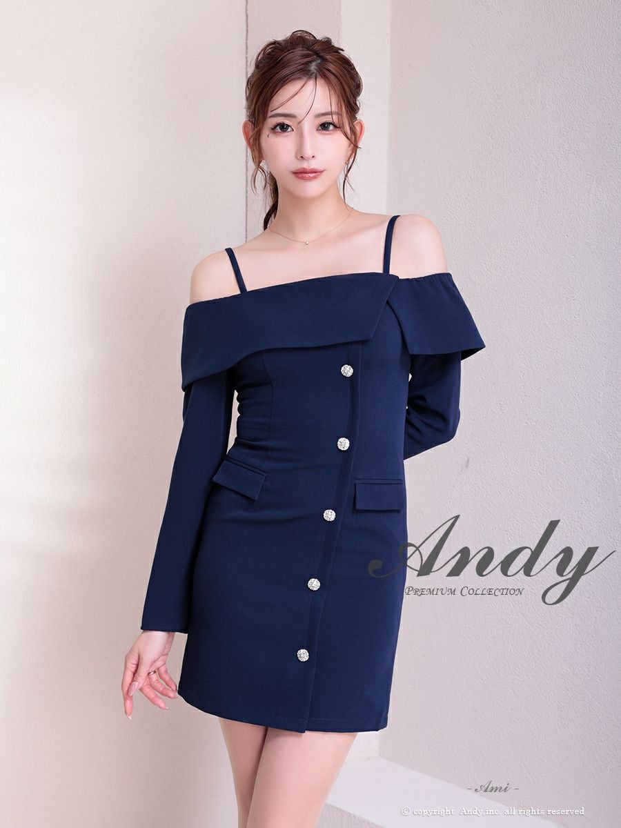 キャバドレス Andy　アンディ 飾りポケット 肩あき 長袖 ビジューボタン オフショル ワンカラー タイトミニドレス