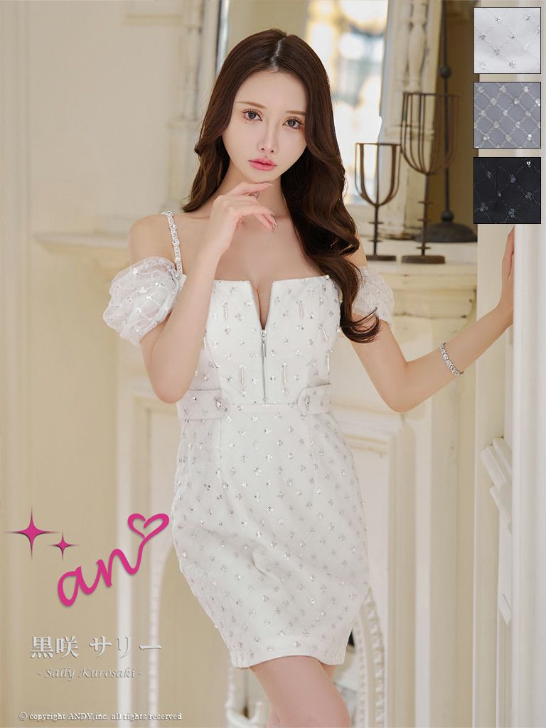 キャバドレス an アン キャミソール 肩あき ビジューチュールスリーブ フロントジップ タイトミニドレス