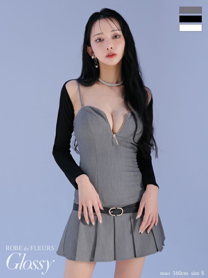 キャバドレス Glossy ROBE de FLEURS グロッシー ローブドフルール キャミソール 長袖 ボレロ付き ベルトデザイン ジップデザイン プリーツスカート シンプル フレアミニドレス