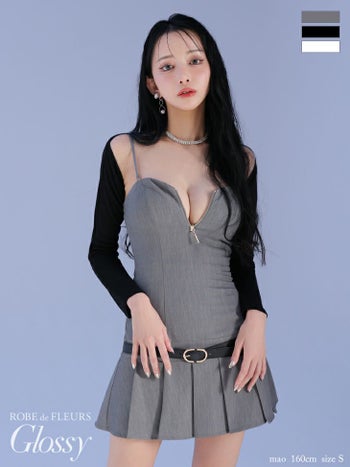 キャバドレス Glossy ROBE de FLEURS グロッシー ローブドフルール キャミソール 長袖 ボレロ付き ベルトデザイン ジップデザイン プリーツスカート シンプル フレアミニドレス