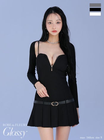 キャバドレス Glossy ROBE de FLEURS グロッシー ローブドフルール ベルトデザイン ジップデザイン キャミソール 長袖 ボレロ付き プリーツスカート シンプル フレアミニドレス 