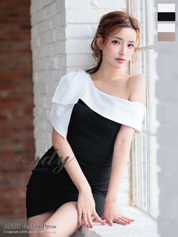 キャバドレス Andy アンディ リボン ワンショルダー バイカラー ビジュー タイトミニドレス