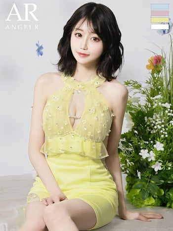 キャバドレス Angel R エンジェルアール フェミニン バストカット ホルターネック くびれ透け フラワー レース フリル ビジュー タイトミニドレス