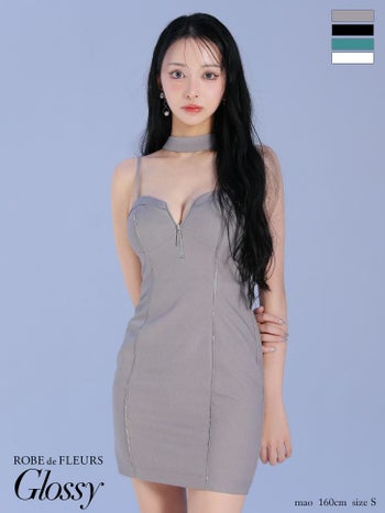 キャバドレス Glossy ROBE de FLEURS グロッシー ローブドフルール キャミソール ジップデザイン ボウタイチョーカー付き シンプル タイトミニドレス 