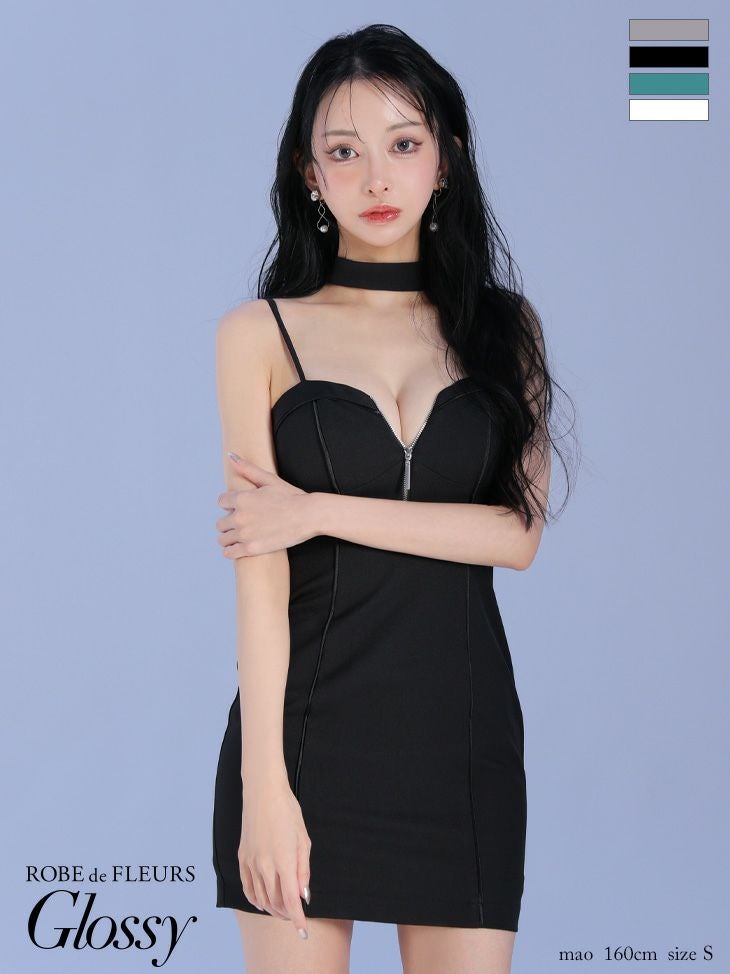 キャバドレス Glossy ROBE de FLEURS グロッシー ローブドフルール ジップデザイン キャミソール シンプル ボウタイチョーカー付き タイトミニドレス 