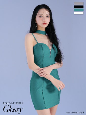 キャバドレス Glossy ROBE de FLEURS グロッシー ローブドフルール ボウタイチョーカー付き シンプル キャミソール ジップデザイン タイトミニドレス 