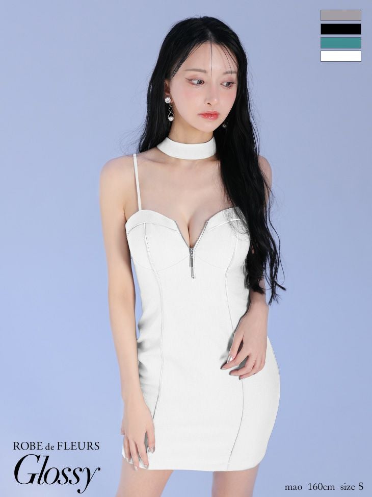 キャバドレス Glossy ROBE de FLEURS グロッシー ローブドフルール キャミソール ボウタイチョーカー付き シンプル ジップデザイン タイトミニドレス 