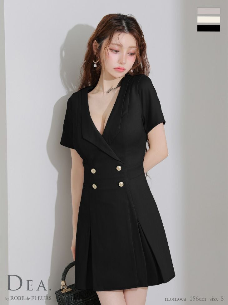 キャバドレス DEA. ROBE de FLEURS ディア ローブドフルール 襟付き シンプル 半袖 ダブルボタン プリーツ フレアミニドレス 
