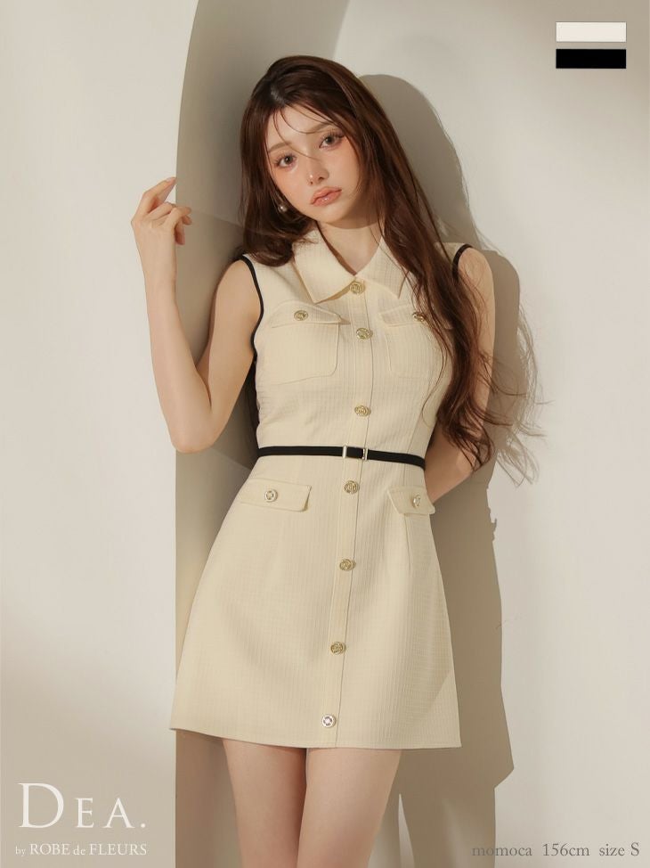 キャバドレス DEA. ROBE de FLEURS ディア ローブドフルール パイピング ベルト ノースリーブ 襟付き カジュアル フレアミニドレス 
