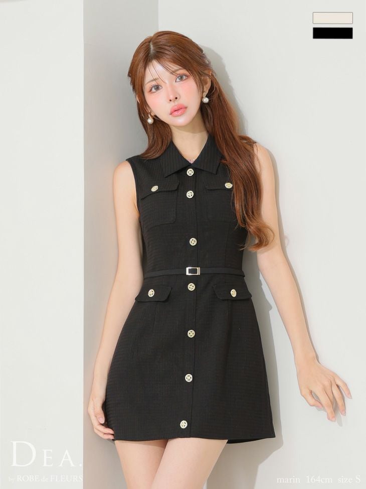 キャバドレス DEA. ROBE de FLEURS ディア ローブドフルール ノースリーブ 襟付き パイピング ベルト カジュアル フレアミニドレス 