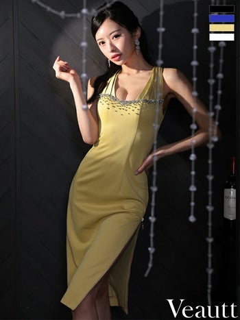 キャバドレス Veautt ヴュート セクシー ノースリーブ タックデザイン オープンバスト フロントビジュー ジップデザイン 膝丈ドレス