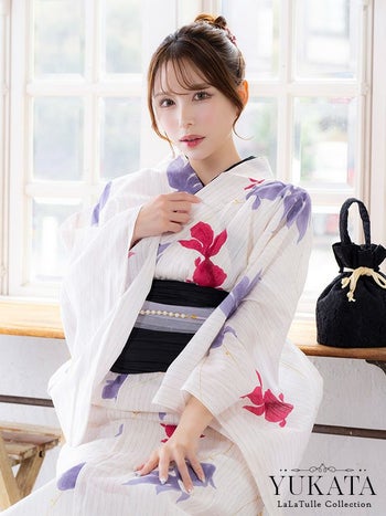 浴衣 クリーム地 金魚柄 縦縞 ゆかた3点SET