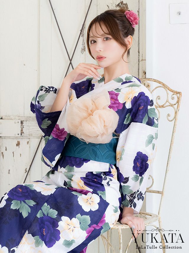 浴衣 白地 3色 牡丹柄 ゆかた3点SET