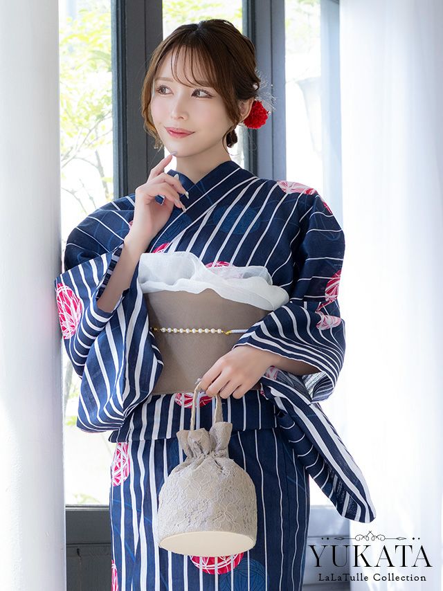 2025 浴衣 LaLaTulle | SALE【浴衣】紺地 縦縞 手毬柄 ゆかた3点SET