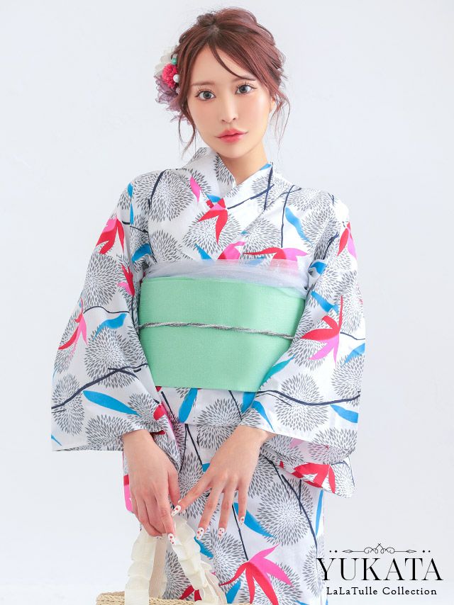 浴衣 白地 レトロ モダン 菊柄 個性的 ゆかた2点SET