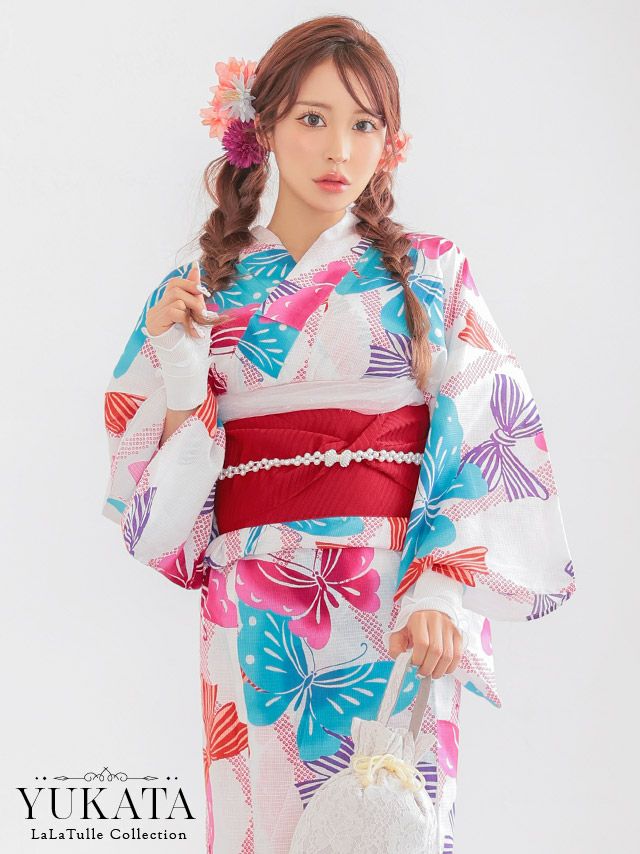 白地 レトロ カラフル 蝶柄 個性的 ゆかた2点SET