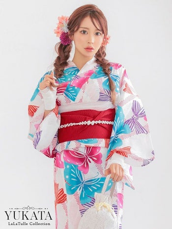 白地 レトロ カラフル 蝶柄 個性的 ゆかた2点SET