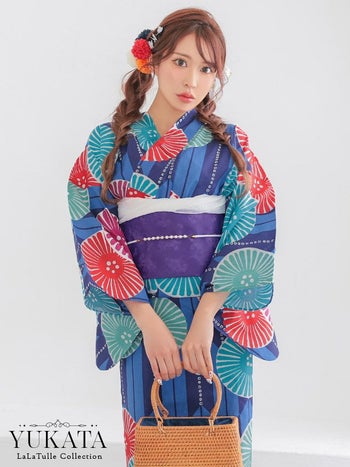 青地 レトロ モダン ストライプ 菊柄 個性的 ゆかた2点SET