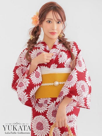 赤地 レトロ モダン 白 向日葵柄 個性的 ゆかた3点SET
