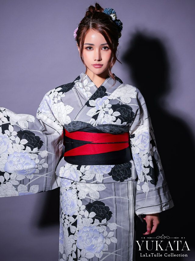 浴衣 グレー地 モノトーン 薔薇柄 ゆかた3点SET