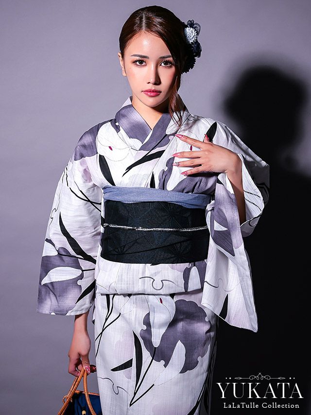 浴衣 白地 水墨柄 モノトーン ゆかた3点SET