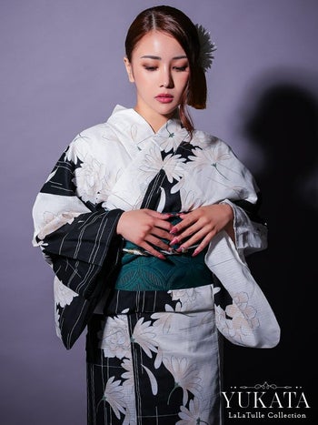 浴衣 モノトーン 牡丹柄 個性的 ゆかた3点SET