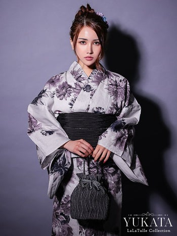 浴衣 グレー地 粋 ヴィンテージ フラワー ゆかた3点SET