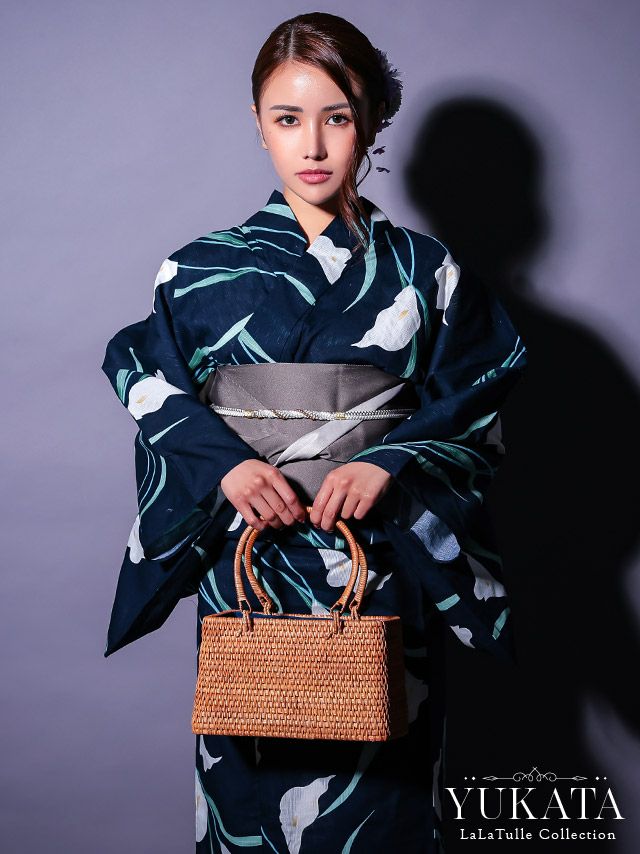 濃紺地 粋 菖蒲 リーフ ゆかた3点SET