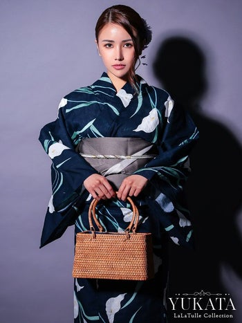 濃紺地 粋 菖蒲 リーフ ゆかた3点SET