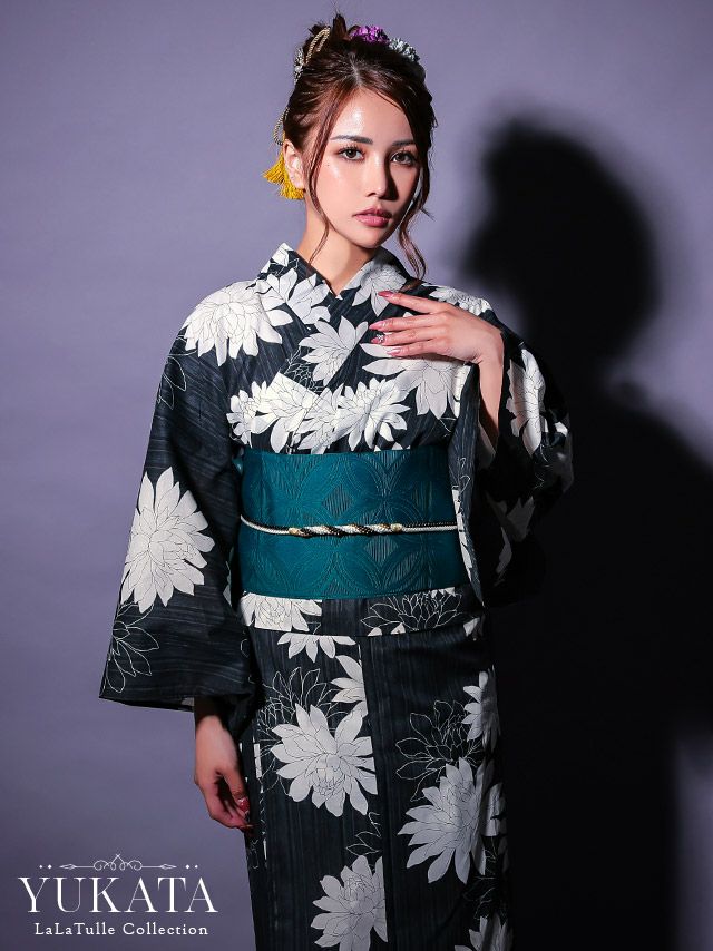 浴衣 セパレート 黒地 粋 白 ダリア ゆかた3点SET