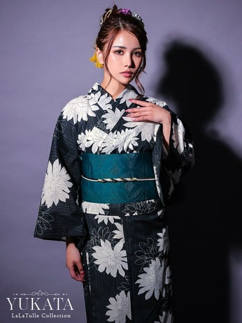 浴衣 セパレート 黒地 粋 白 ダリア ゆかた3点SET