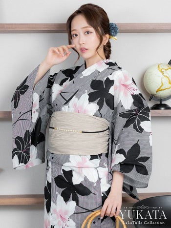 浴衣 黒地 ストライプ 百合 レトロ ゆかた2点SET