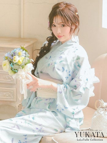 浴衣 パステルブルー ニュアンス フラワー SWEET ゆかた3点SET