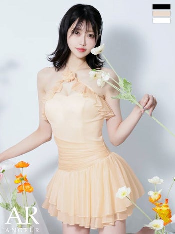 キャバドレス Angel R エンジェルアール フェミニン オープンバスト ホルターネック フリル フラワー ウエストタック フレアミニドレス