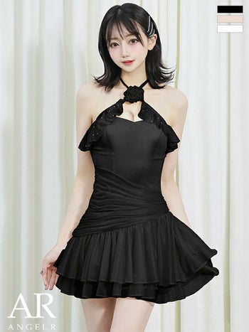 キャバドレス Angel R エンジェルアール オープンバスト ホルターネック フリル フラワー ウエストタック フェミニン フレアミニドレス