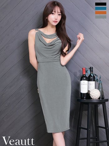 キャバドレス Veautt ヴュート ノースリーブ ドレープ チェーン リング バストカット ウエストマーク ジップデザイン セクシー 膝丈ドレス