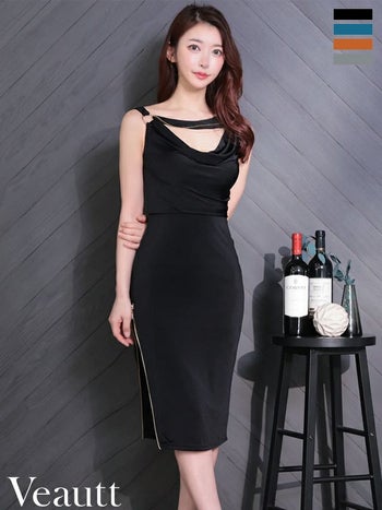 キャバドレス Veautt ヴュート チェーン リング バストカット ウエストマーク ジップデザイン セクシー ノースリーブ ドレープ 膝丈ドレス